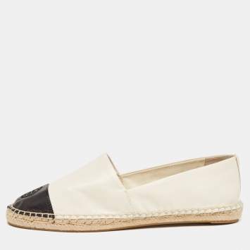 Pre Owned Tory Burch Off White/Black Leather Logo Cap Toe Espadrille Flats Size 41