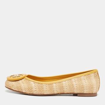 Pre Owned Tory Burch Beige/Yellow Raffia and Leather Reva Ballet Flats Size 35.5