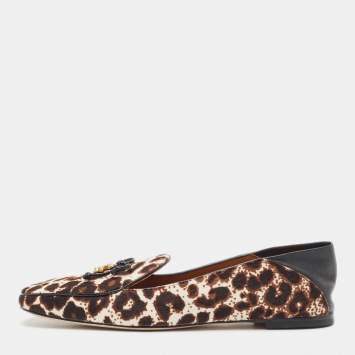Pre Owned Tory Burch Tricolor Animal Print Calf Hair and Leather Tory Charm Loafers Size 37.5 