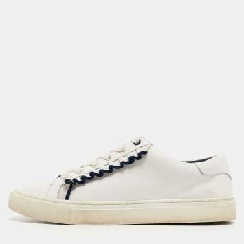 مملوكة مسبقًا Tory Burch White Leather Ruffle Low Top Sneakers Size 38.5