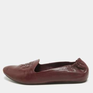 Pre Owned Tory Burch  Burgundy Leather Scrunch Reva Ballet Flats Size 38