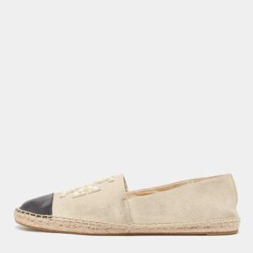 Pre Owned Tory Burch Grey/Black Suede and Leather Pearl Embellished Slip On Espadrilles Flats Size 39
