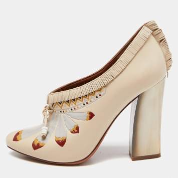 Pre Owned Tory Burch Beige Leather Ankle Booties Size 37.5