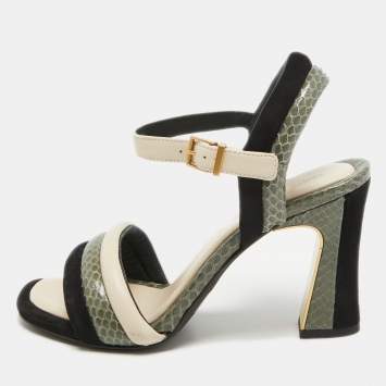 Pre Owned Tory Burch Tricolor Suede and Embossed Snakeskin Puffed Up Sandals Size 37.5