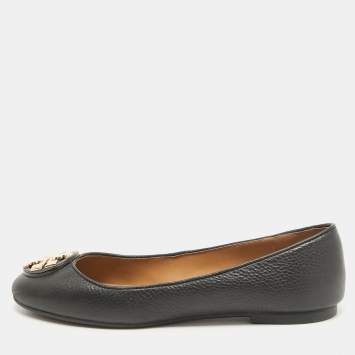 Pre Owned Tory Burch Black Leather Claire Ballet Flats Size 37.5