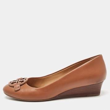 Pre Owned Tory Burch Brown Leather Gabriel Wedge Pumps Size 36