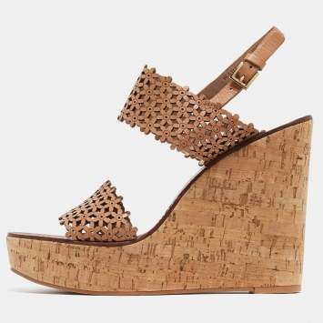 Pre Owned Tory Burch Brown Leather Daisy Wedge Sandals Size 40.5