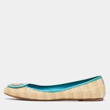 Pre Owned Tory Burch Beige/Blue Raffia and Leather Ballet Flats Size 41.5