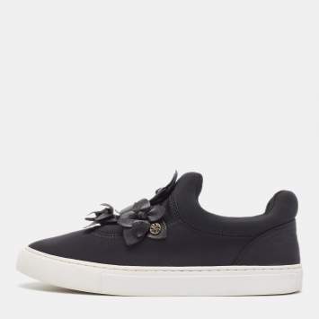 Pre Owned Tory Burch Black  Nylon And Leather Blossom Sneakers Size 39.5