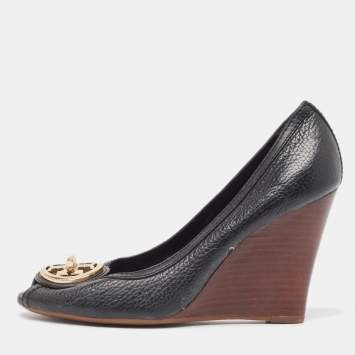 Pre Owned Tory Burch Black Leather Wedge  Pumps Size 38