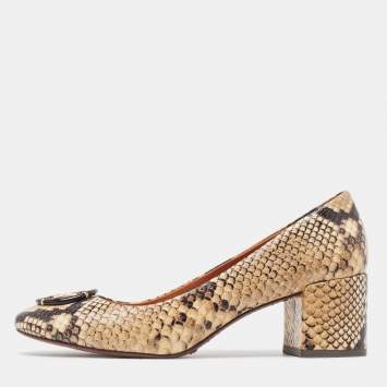 Pre Owned Tory Burch Cream/Black Python Embossed Leather Multi Logo Pumps Size 39.5