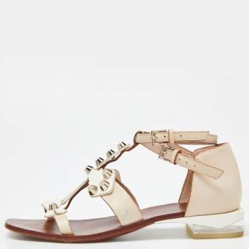 Pre Owned Tory Burch Beige Leather Studded Flat Sandals Size 37