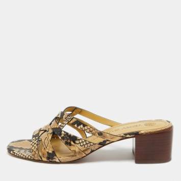 Pre Owned Tory Burch Beige Python Embossed Leather Slide Sandals Size 39