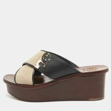 Pre Owned Tory Burch Beige/Black Canvas and Leather Platform Slide Sandals Size 36