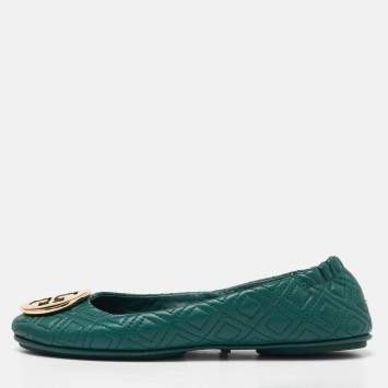 مملوكة مسبقًا Tory Burch Green Leather Logo Ballet Flats Size 37