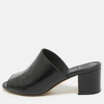 Pre Owned Tory Burch Black Croc Embossed Leather Mules Size 36.5