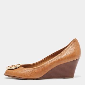 Pre Owned Tory Burch Brown Leather Reva Wedge Peep Toe Pumps Size 38.5