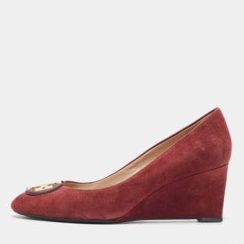 Pre Owned Tory Burch Burgundy Suede Luna Wedge Pumps Size 37