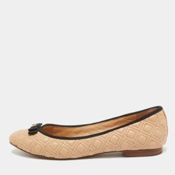 Pre Owned Tory Burch Beige Quilted Leather Marion Ballet Flats Size 39.5