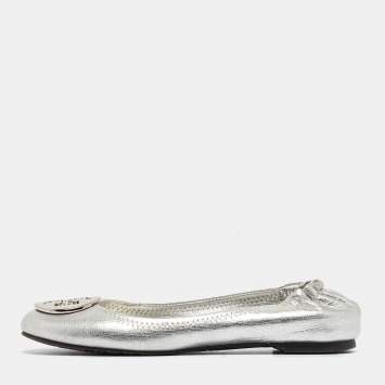 Pre Owned Tory Burch Silver Leather Reva Scrunch Ballet Flats Size 37
