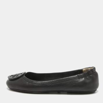 Pre Owned Tory Burch Black Leather Minnie Travel Ballet Flats Size 36