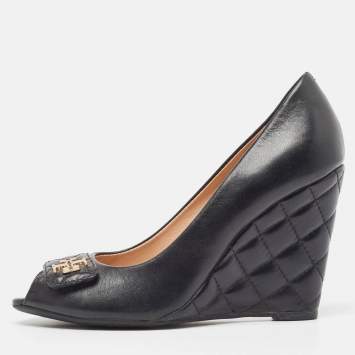 Pre Owned Tory Burch Black Leather Leila Peep Toe Wedge Pumps Size 37.5
