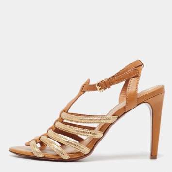 Pre Owned Tory Burch Brown/Gold Leather and Glitter Suede Charlene Sandals Size 41