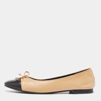 Pre Owned Tory Burch Beige/Black Leather Bow Ballet Flats Size 39