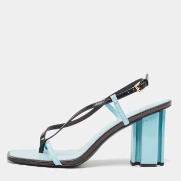 مملوكة مسبقًا Tory Burch Blue/Black Leather T Stamp Sandals Size 39