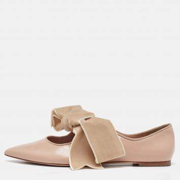 Pre Owned Tory Burch Pink/Beige Leather and Velvet Clara Pointed Toe Ballet Flats Size 39.5