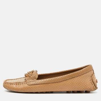 Pre Owned Tory Burch Beige Snakeskin Embossed Leather Driving Loafers Size 36