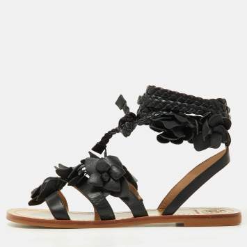 Pre Owned Tory Burch Black Leather Blossom Floral Embellished Flat Gladiator Sandals Size 37
