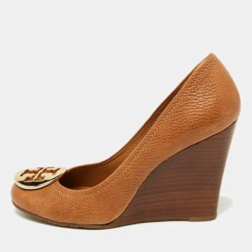 Pre Owned Tory Burch Tan Leather Sally Wedge Pumps Size 36