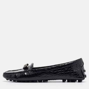 Pre Owned Tory Burch Navy Blue Croc Embossed Patent Leather Ludlow Loafers Size 39.5