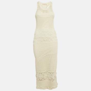 Pre Owned Tory Burch White Crochet Sleeveless Midi Dress M