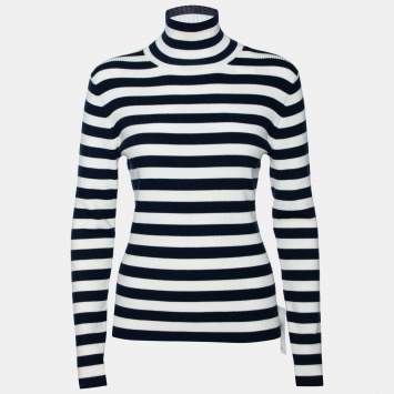 Pre Owned Tory Sport Navy Blue & White Striped Wool Long Sleeve Jumper M 