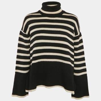 Pre Owned Toteme Black/White Signature Stripe Wool and Cotton Knit Turtleneck Sweater S