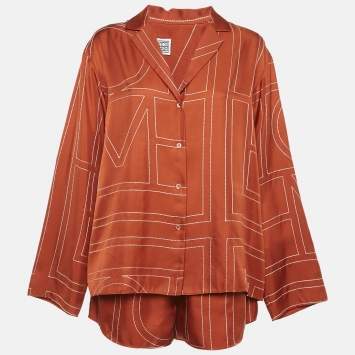 Pre Owned Toteme Brown Embroidered Silk Shirt and Shorts Set S