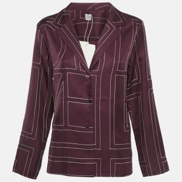 Pre Owned Toteme Burgundy Monogram Embroidery Satin Silk Pajama Shirt L