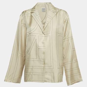 Pre Owned Toteme Beige Monogram Embroidery Silk Pajama Shirt S