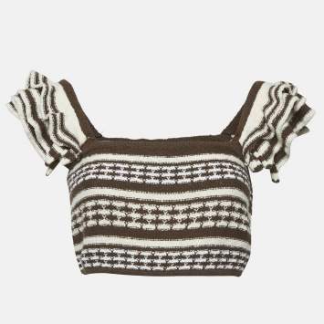 Pre Owned Tularosa Brown Cotton Knit Ruffle Sleeve Crop Top M