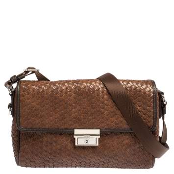 Pre Owned TUMI Brown/Black Woven Leather Flap Crossbody Bag