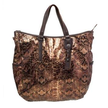 Pre Owned TUMI Metallic/Brown Python Effect Fabric and Leather Bag