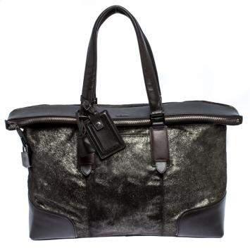 Pre Owned TUMI Black/Silver Calf hair and Leather Stamford Weekender Bag