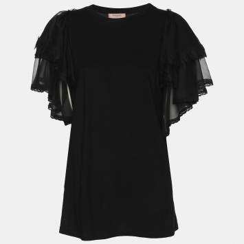 Pre Owned Twinset Black Cotton Ruffled Tops M