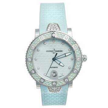 Pre Owned Ulysee Nardin Mother of Pearl Diamond Stainless Steel Rubber Lady Diver 8103-101  Women's Wristwatch 40 mm