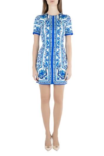 Pre Owned Dolce & Gabbana Blue and White Majolica Printed Silk Fitted Sheath Dress S  