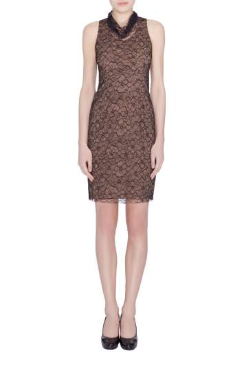 Pre Owned Vera Wang Collection Black Floral Lace High Cowl Neck Sleeveless Dress S
