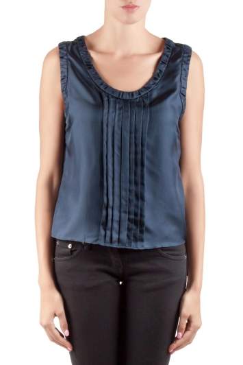 Pre Owned Salvatore Ferragamo Blue Silk Pleated Sleeveless Top L
