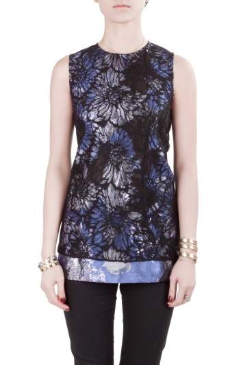 Pre Owned Vera Wang Collection Multicolor Lurex Jacquard Floral Lace Overlay Sleeveless Top M